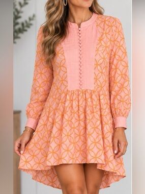 Roiii high-low Pink Babydoll Dress with Orange/Gold Embroidery Size Large
